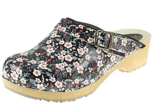 APREGGIO - Damen Clogs aus Leder mit Holzsohle – hoher Absatz – Holzclogs – geschlossene Spitze –Schwedische Stil - Schwarz mit bunten Blumen – Größe 36 EU von APREGGIO