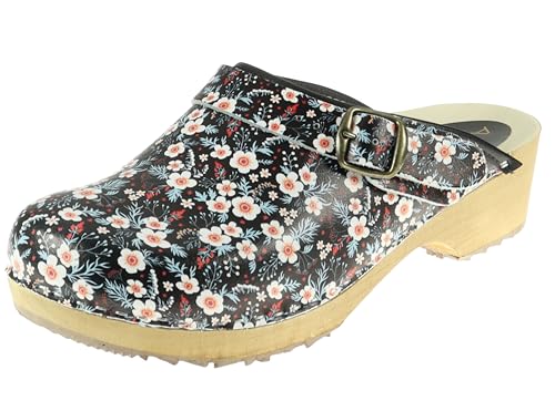 APREGGIO Damen Holzclogs - Leder - Hoher Absatz - Geschlossene Spitze - Schwarz mit Bunten Blumen - Größe 41 EU von APREGGIO