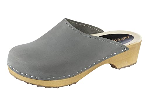 APREGGIO - Damen Clogs aus Nubukleder mit Holzsohle – hoher Absatz – Holzclogs – geschlossene Spitze –Schwedische Stil - Grau – Größe 40 EU von APREGGIO