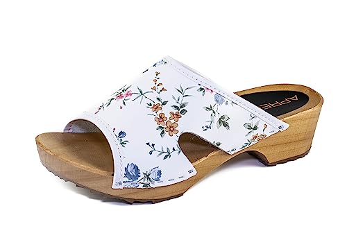 APREGGIO Schwedische Clogs für Damen - Hochwertige Leder Holzschuhe mit hohem Absatz Handgefertigt, Stilvoll & Langlebig - Gartenschuhe - Weiß mit bunten Blumen – Größe 39 EU von APREGGIO