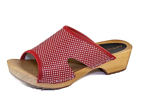 APREGGIO Schwedische Clogs für Damen - Hochwertige Leder Holzschuhe mit hohem Absatz Handgefertigt, Stilvoll & Langlebig - Gartenschuhe - Rot mit weißen Punkten – Größe 38 EU von APREGGIO