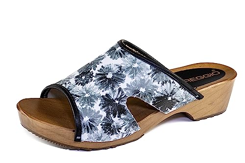 APREGGIO Schwedische Clogs für Damen - Hochwertige Leder Holzschuhe mit hohem Absatz Handgefertigt, Stilvoll & Langlebig - Gartenschuhe - Weiß Grau Blumen - 37 EU von APREGGIO