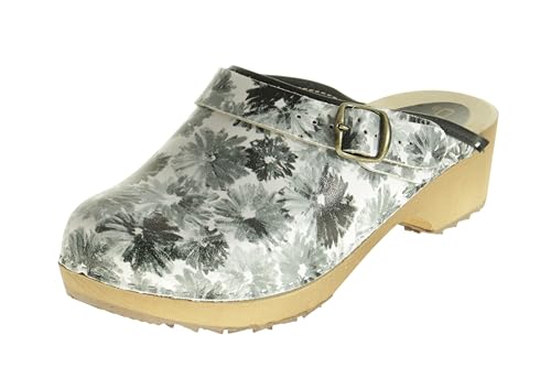 APREGGIO - Damen Clogs aus Leder mit Holzsohle – hoher Absatz – Holzclogs – geschlossene Spitze – Schwedische Stil - Graue und weiße Blüten – Größe 36 EU von APREGGIO