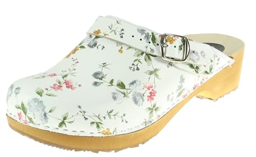 APREGGIO - Damen Clogs aus Leder mit Holzsohle – hoher Absatz – Holzclogs – geschlossene Spitze –Schwedische Stil - Weiß mit bunten Blumen – Größe 37 EU von APREGGIO