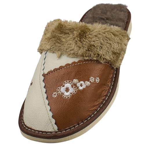 APREGGIO - Winterliche Damen Hausschuhe aus leder mit Fell und Blumenstickerei – Komfortabel und Warm - Braun - Größe 41 EU von APREGGIO