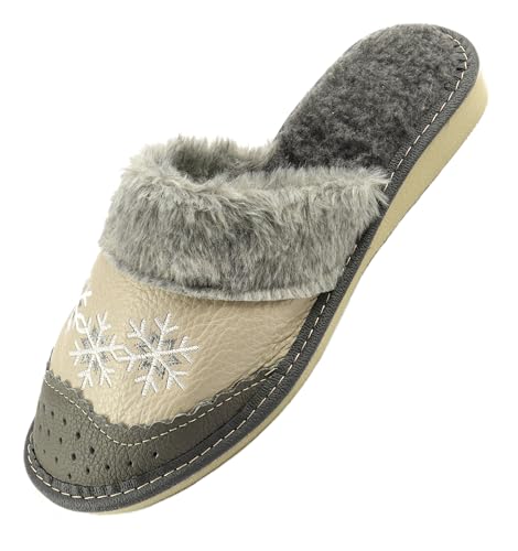 APREGGIO Hausschuhe Damen Leder – Leder Hausschuhe Damen Wolle - Handgefertigt Pantoffeln Damen – Damenhausschuhe - Weich Damen Hausschuhe – Grau - Größe 36 EU von APREGGIO