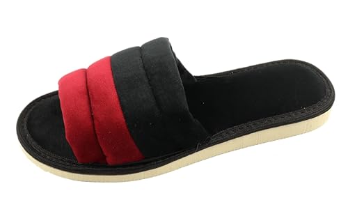 APREGGIO - Damen-Slipper aus Textil - Offene Spitze - Ganzjahres-Slipper - Handgemacht - Slip-on - Weiche Hausschuhe - Zarte Keilsohle - Schwarz Rot - Größe 38 EU von APREGGIO