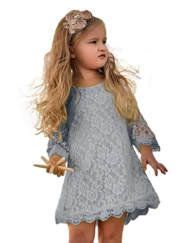APRIL GIRL Mädchen Blumen-Kleid, Spitzenkleid 3/4 Ärmel Kleid 8-9 Jahre Grau von APRIL GIRL