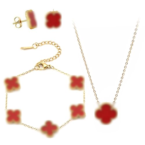 18 Karat Vergoldeter Edelstahl Vierblättriges Kleeblatt Vierblättriges Glücksklee Schmuck Set für Damen VierbläTtriges Kleeblatt Halskette Ohrringe Armband Schmuck für Damen und Mädchen, Rosenrot von APRRMLIZW