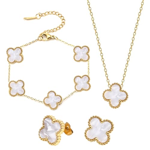 18K Vergoldet Vierblättriges Kleeblatt Armband Vierblättriges Glücksklee Schmuck Set für Damen Minimalistisches Vierblättriges Kleeblatt Anhänger Schmuckset Für Damen Und Mädchen, Perlenweiß von APRRMLIZW