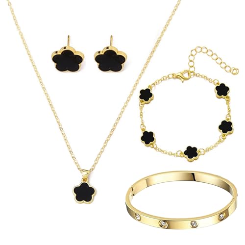 18k Vergoldet Vierblättriges Kleeblatt Anhänger Halskette 4 Stück Hypoallergenes Glücksklee Emaille-schmuck Set Vierblättriges Kleeblatt Schmuck Set Zirkonia Armreif Edelstahl Verstellbare Armbander von APRRMLIZW