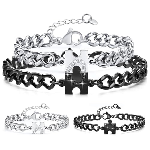 APRRMLIZW Paar Armbänder Partnerarmbänder Mit Puzzle Pärchen Armband Mit Gravur Verstellbare Panzerkette In Silber Und Schwarz Magnetische Partner Armbänder Geschenk Für Sie Und Ihn Paare von APRRMLIZW