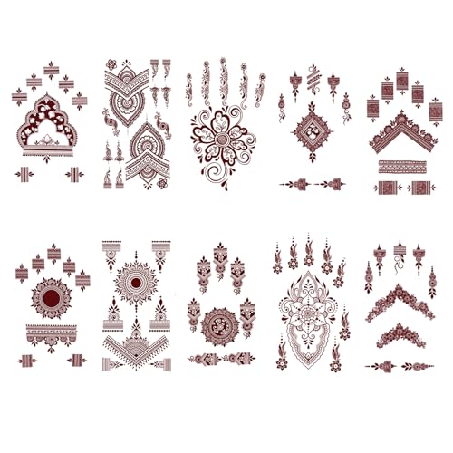 Henna Tattoo Schablone Kit 10 Stück Mehndi Braun Tattoos Aufkleber Temporäre Tattoo Schablone Aufkleber Henna Schablonen Set Für Frauen Finger Für Kinder Und Erwachsene Halloween Party von APRRMLIZW