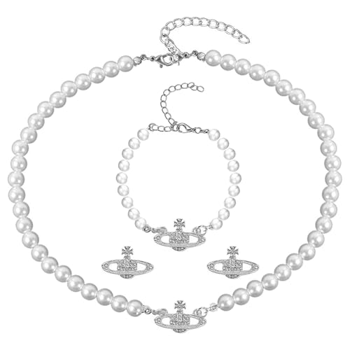 Saturn Faux Perle Choker Halskette 3 Stück Planet Perlenkette für Damen Planet Kette Perlenkette Mit Anhänger Perlen Saturn Kristall Strass Halskette für Frau Freundin Mutter Tochter Geschenk von APRRMLIZW