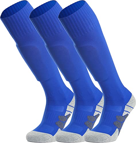 APTESOL Knielang Fußballsocken Kinder Jugend Erwachsene Lang Sportsocken Kissen Atmungsaktiv Soccer Trainingssocke (3-Paar Blau-A, Größe 36-40) von APTESOL