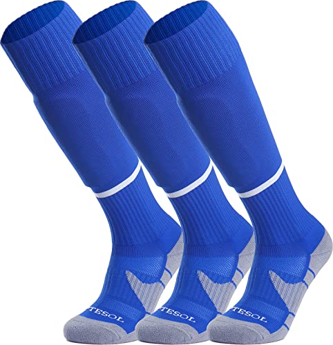 APTESOL Knielang Fußballsocken Kinder Jugend Erwachsene Lang Sportsocken Kissen Atmungsaktiv Soccer Trainingssocke (3-Paar Blau-B, EU 32-36) von APTESOL