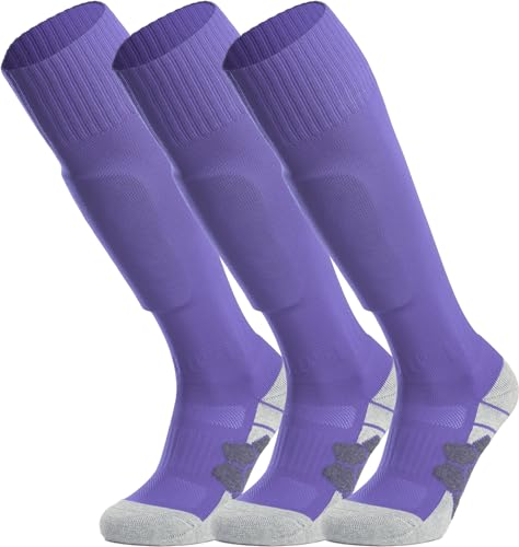 APTESOL Knielang Fußballsocken Kinder Jugend Erwachsene Lang Sportsocken Kissen Atmungsaktiv Soccer Trainingssocke (3-Paar Lila-A, EU 36-40) von APTESOL