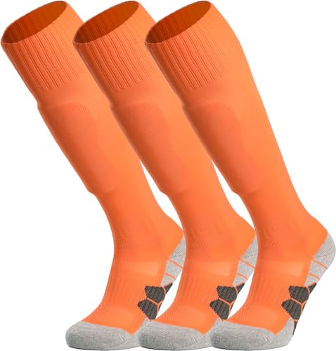 APTESOL Knielang Fußballsocken Kinder Jugend Erwachsene Lang Sportsocken Kissen Atmungsaktiv Soccer Trainingssocke (3-Paar Orange-A, EU 32-36) von APTESOL