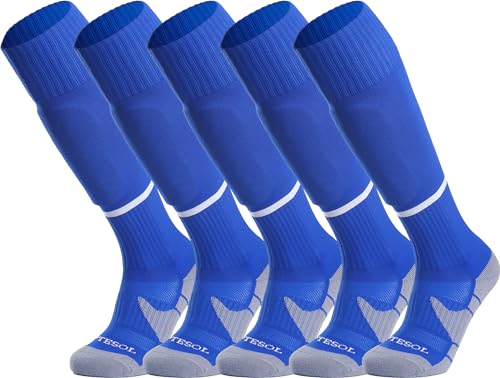 APTESOL Knielang Fußballsocken Kinder Jugend Erwachsene Lang Sportsocken Kissen Atmungsaktiv Soccer Trainingssocke (5-Paar Blau-B, EU 28-32) von APTESOL