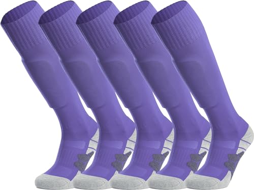 APTESOL Knielang Fußballsocken Kinder Jugend Erwachsene Lang Sportsocken Kissen Atmungsaktiv Soccer Trainingssocke (5-Paar Lila-A, EU 32-36) von APTESOL