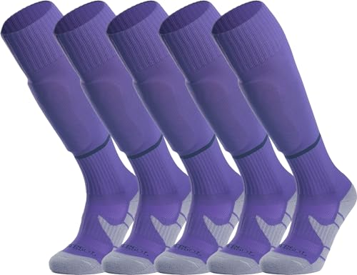 APTESOL Knielang Fußballsocken Kinder Jugend Erwachsene Lang Sportsocken Kissen Atmungsaktiv Soccer Trainingssocke (5-Paar Lila-B, EU 28-32) von APTESOL