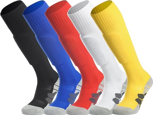 APTESOL Knielang Fußballsocken Kinder Jugend Erwachsene Lang Sportsocken Kissen Atmungsaktiv Soccer Trainingssocke (5-Paar Mehrfarbig-A, EU 36-40) von APTESOL