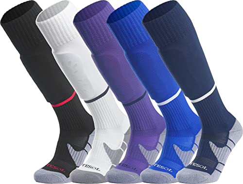 APTESOL Knielang Fußballsocken Kinder Jugend Erwachsene Lang Sportsocken Kissen Atmungsaktiv Soccer Trainingssocke (5-Paar Mehrfarbig-B, EU 32-36) von APTESOL