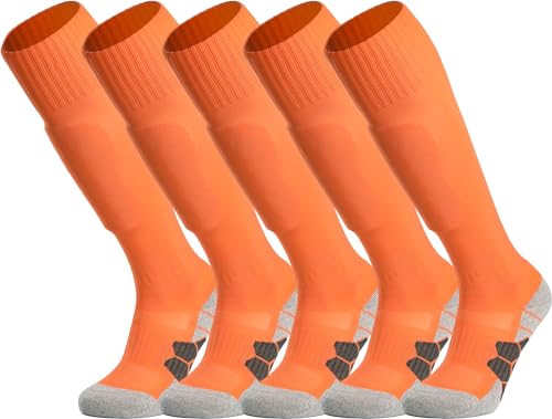 APTESOL Knielang Fußballsocken Kinder Jugend Erwachsene Lang Sportsocken Kissen Atmungsaktiv Soccer Trainingssocke (5-Paar Orange-A, EU 40-44) von APTESOL