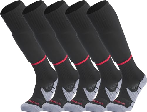 APTESOL Knielang Fußballsocken Kinder Jugend Erwachsene Lang Sportsocken Kissen Atmungsaktiv Soccer Trainingssocke (5-Paar Schwarz-B, EU 36-40) von APTESOL
