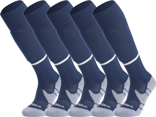 APTESOL Knielang Fußballsocken Kinder Jugend Erwachsene Lang Sportsocken Kissen Atmungsaktiv Soccer Trainingssocke (5-Paar Tiefblau-B, EU 36-40) von APTESOL