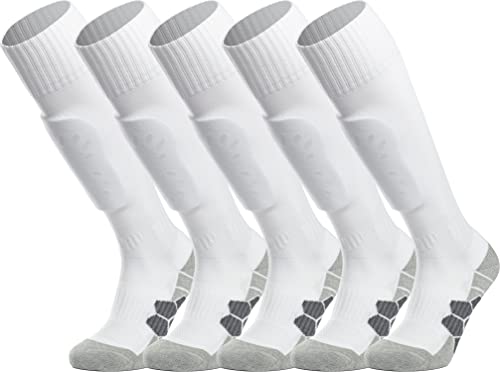 APTESOL Knielang Fußballsocken Kinder Jugend Erwachsene Lang Sportsocken Kissen Atmungsaktiv Soccer Trainingssocke (5-Paar Weiß-A, EU 28-32) von APTESOL
