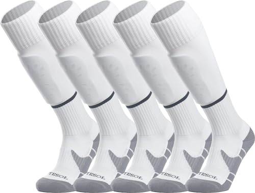 APTESOL Knielang Fußballsocken Kinder Jugend Erwachsene Lang Sportsocken Kissen Atmungsaktiv Soccer Trainingssocke (5-Paar Weiß-B, EU 36-40) von APTESOL
