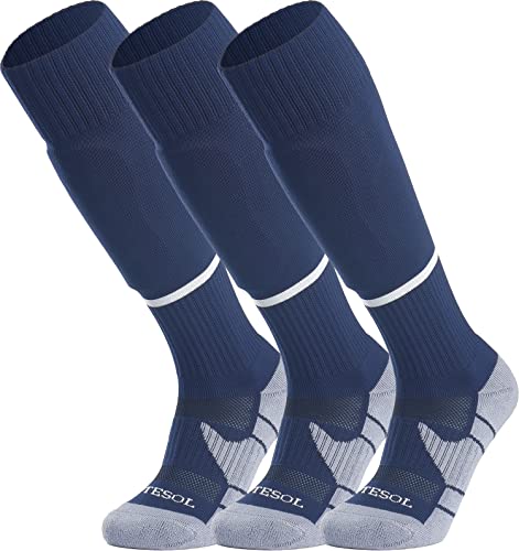 APTESOL Knielang Fußballsocken Kinder Jugend Erwachsene Lang Sportsocken Soccer Trainingssocke (3-Paar Tiefblau-B, Größe XS) von APTESOL