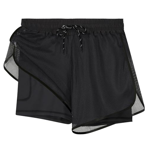 APTRO Damen Badeshorts Badehose Schwimmshorts Beach Strand Surf Shorts mit Innenhose Netz Einfarbig Schwarz W91 L von APTRO