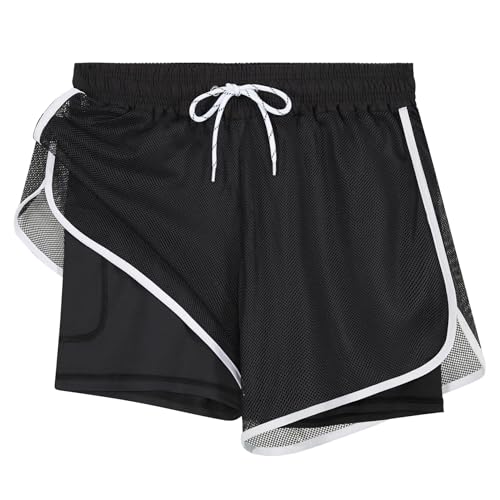 APTRO Damen Badeshorts Badehose Schwimmshorts Beach Strand Surf Shorts mit Innenhose Netz Schwarz W75 XL von APTRO