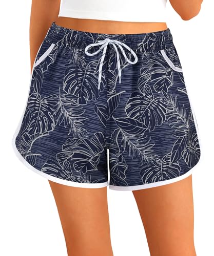 APTRO Damen Badeshorts Badehose Strand Wassersport Shorts Boardshorts UV Schutz Sommer Sport Gym Shorts Blau Blätter WS280 2XL von APTRO