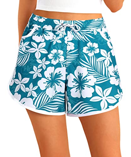 APTRO Damen Badeshorts Badehose Strand Wassersport Shorts Boardshorts UV Schutz Sommer Sport Gym Shorts Türkis Blumen WS265 2XL von APTRO