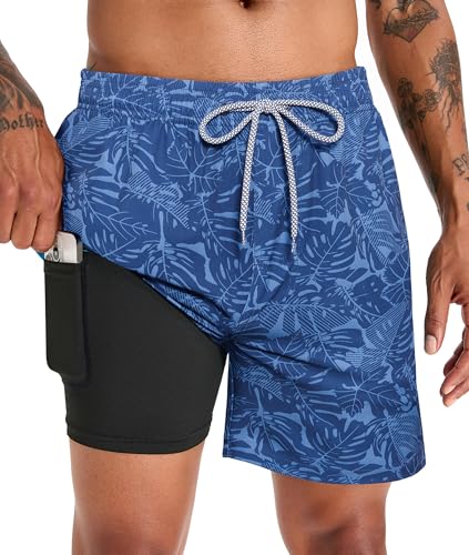 APTRO Herren Badehose Badeshorts Schwimmhose Board Shorts Kurz Schnelltrocknend 2 in 1 Strand Shorts mit Innenhose Blau Blätter MK60 3XL von APTRO