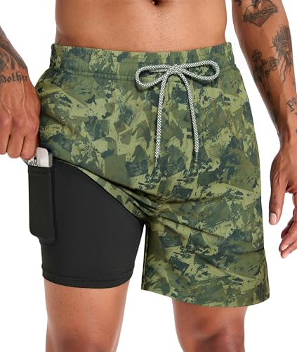 APTRO Herren Badehose Badeshorts Schwimmhose Board Shorts Kurz Schnelltrocknend 2 in 1 Strand Shorts mit Innenhose Grün Camouflage MK59 XXL von APTRO