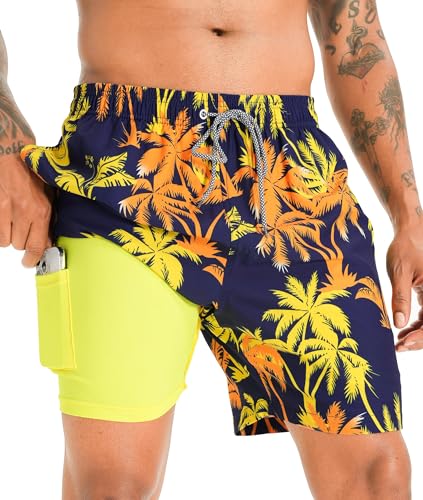 APTRO Herren Badehose Badeshorts Schwimmhose Board Shorts Kurz Schnelltrocknend 2 in 1 Strand Shorts mit Innenhose Mehrfarbig Palmen MK190 XXL von APTRO
