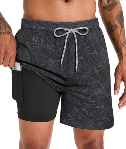 APTRO Herren Badehose Badeshorts Schwimmhose Board Shorts Kurz Schnelltrocknend 2 in 1 Strand Shorts mit Innenhose Schwarz Blätter MK61 XXL von APTRO