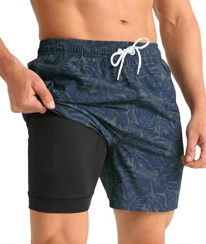 APTRO Herren Badehose Badeshorts Schwimmhose Board Shorts Kurz Schnelltrocknend 2 in 1 Strand Shorts mit Innenhose Blau MK324 3XL von APTRO