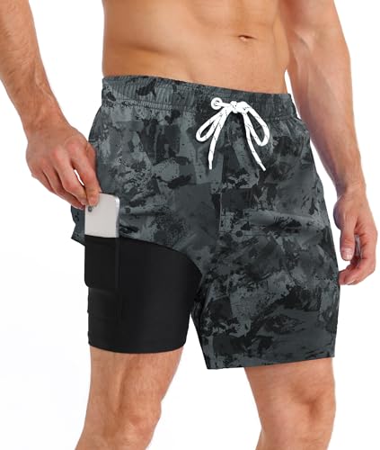 APTRO Herren Badehose Badeshorts Schwimmhose Board Shorts Kurz Schnelltrocknend 2 in 1 Strand Shorts mit InnenhoseGrau Camouflage MK323 M von APTRO