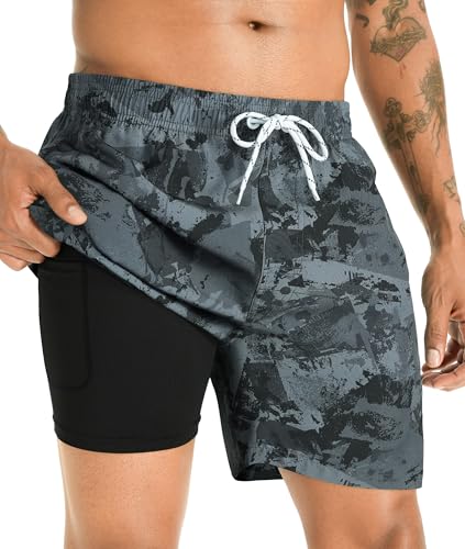 APTRO Herren Badehose Badeshorts Schwimmhose Board Shorts Kurz Schnelltrocknend 2 in 1 Strand Shorts mit Innenhose Grau Camouflage MK323 S von APTRO