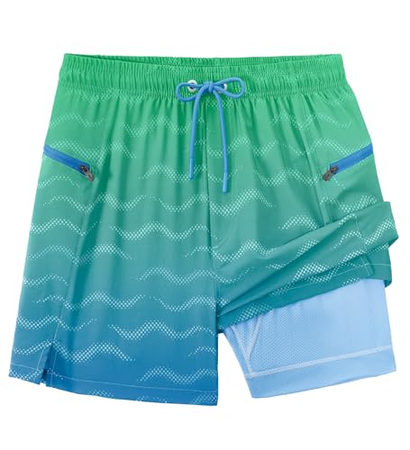 APTRO Herren Badehose Badeshorts mit Reißverschlusstaschen Schnelltrocknend 2 in 1 Boardshorts mit Luftlöchern MK043 Grün-Blau 3XL von APTRO