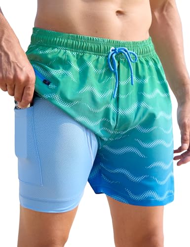 APTRO Herren Badehose Badeshorts mit Reißverschlusstaschen Schnelltrocknend 2 in 1 Boardshorts mit Luftlöchern MK043 Grün-Blau M von APTRO
