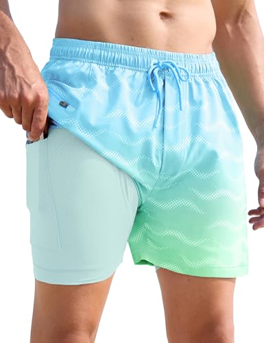 APTRO Herren Badehose Badeshorts mit Reißverschlusstaschen Schnelltrocknend 2 in 1 Boardshorts mit Luftlöchern MK044 Blau XXL von APTRO