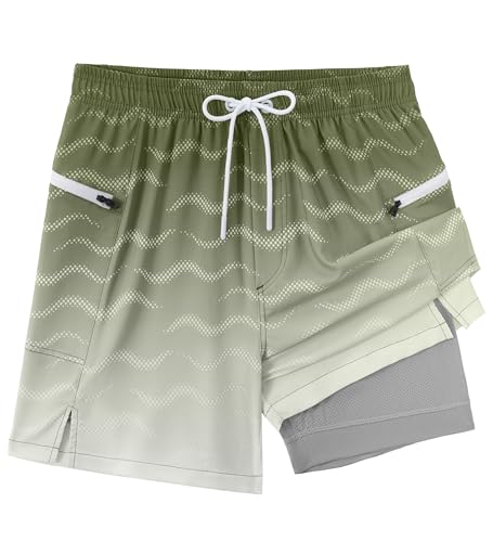 APTRO Herren Badehose Badeshorts mit Reißverschlusstaschen Schnelltrocknend 2 in 1 Boardshorts mit Luftlöchern MK045 Olive L von APTRO
