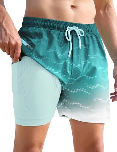 APTRO Herren Badehose Badeshorts mit Reißverschlusstaschen Schnelltrocknend 2 in 1 Boardshorts mit Luftlöchern MK047 Pfauenblau XL von APTRO