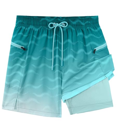 APTRO Herren Badehose Badeshorts mit Reißverschlusstaschen Schnelltrocknend 2 in 1 Boardshorts mit Luftlöchern MK047 Pfauenblau XXL von APTRO